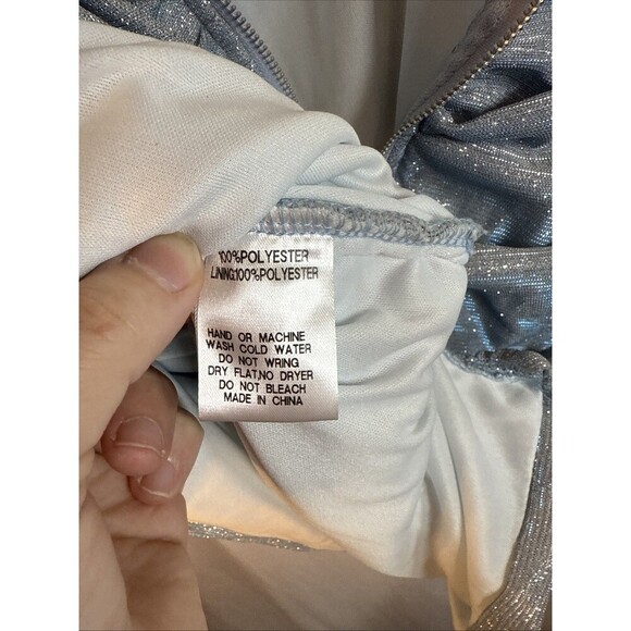 Fashion Nova Strapless Blue Silver Ruched Dress Size Large Preowned - Picture 10 of 11